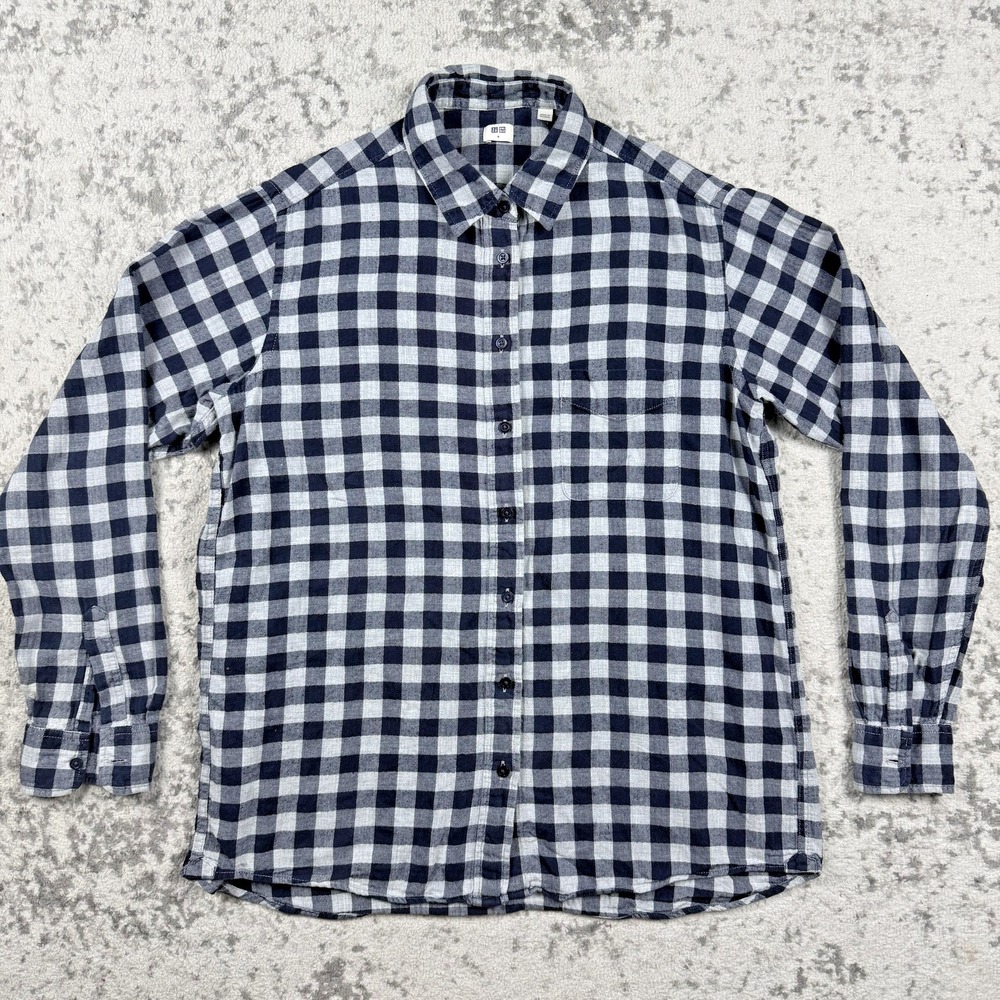 Uniqlo Flannel Shirt Women's Medium Blue Check Button Up Long Sleeve Cotton - Picture 1 of 8